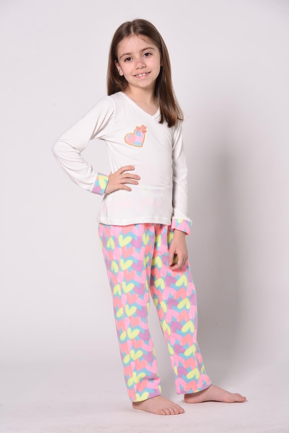 Conjunto Pijama Infantil Menina Microsoft Corações Bordado